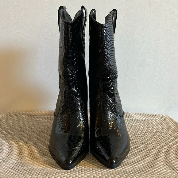Snakeskin Patent Leather Cowgirl Western Biker Calf Height Cowboy Boots - 7.5/38 - Picture 4 of 12